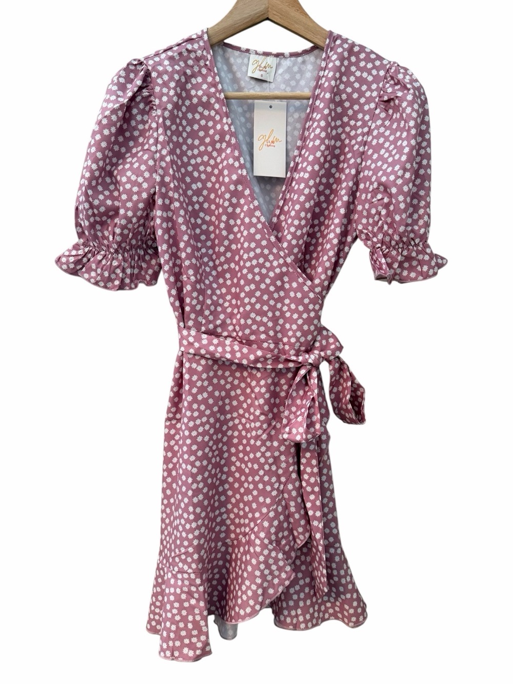 GLM Pink Floral Daisy Print Wrap Dress Size S Puff Sleeve Ruffle Lightweight New